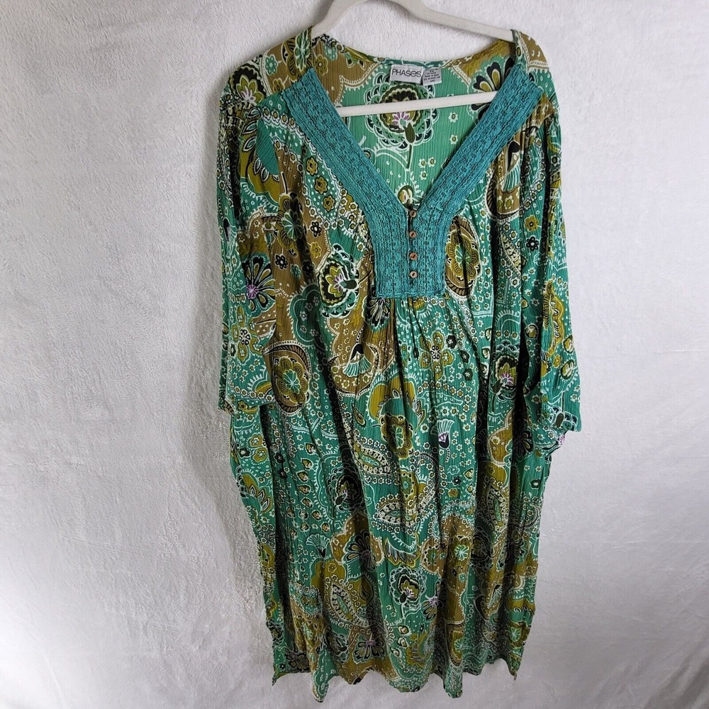 Vintage Phases Dress Women Plus Size‎ 3X Teal Multicolor Paisley Cotton